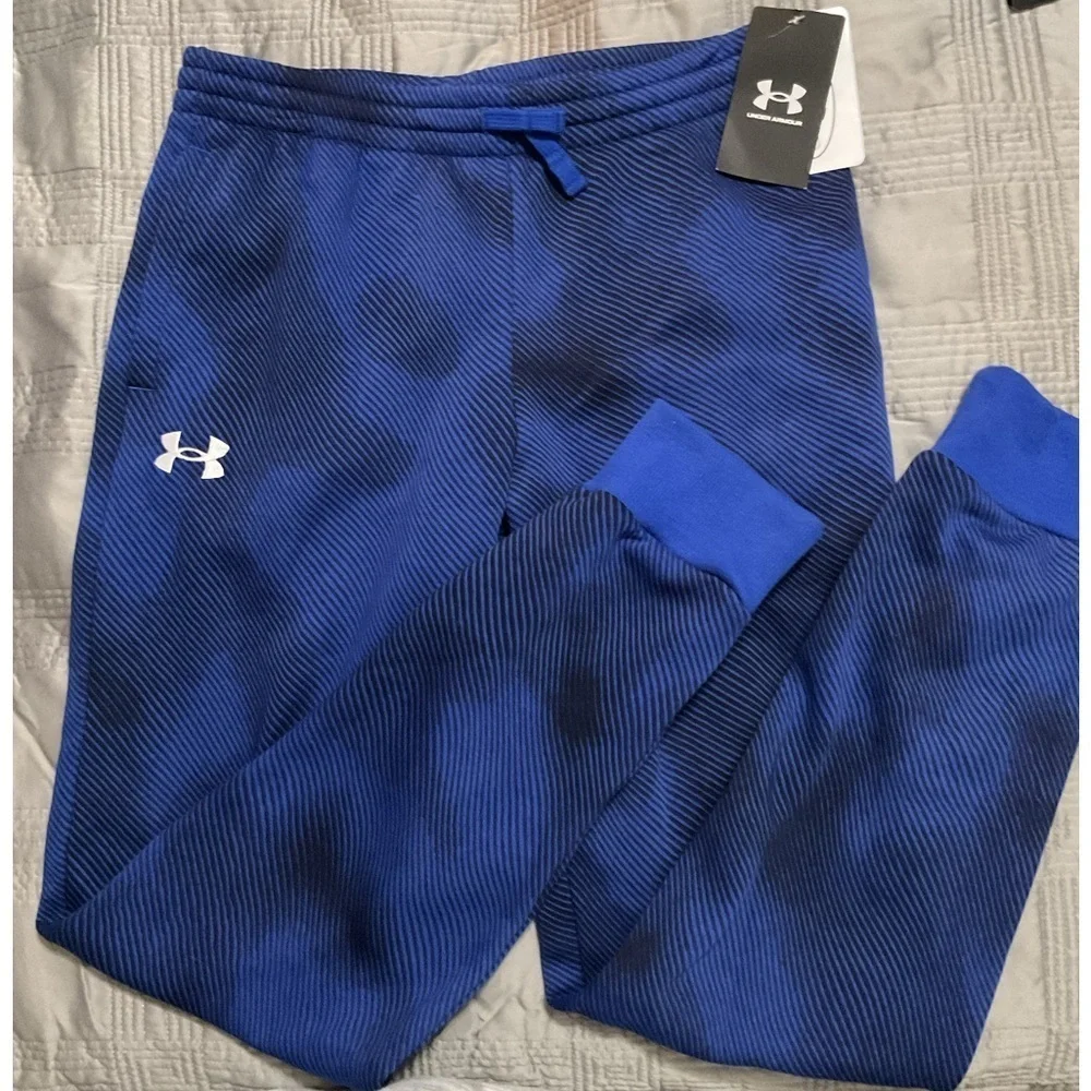 Under Armour Boys' Rival Fleece Blue/Black Printed Joggers Size Youth Large NWT